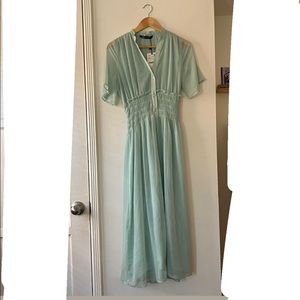 Light Blue Teal Maxi Dress buttons and ruching